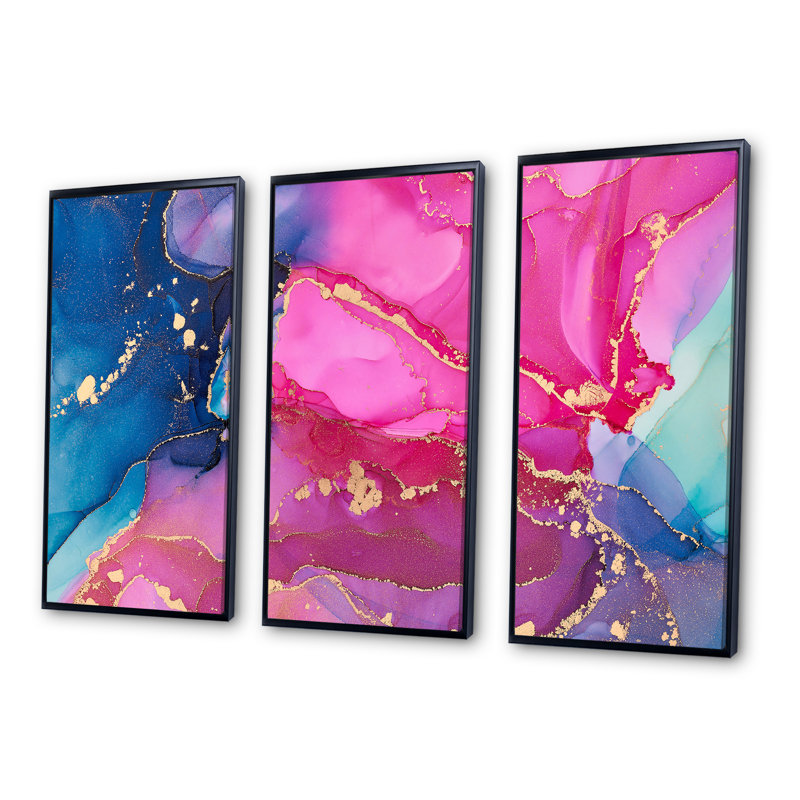 Mauve et rose, art abstrait fluide de luxe - 3 pièces, cadre flottant, impression sur toile, L 36 po x H 28 po, Cadre noir