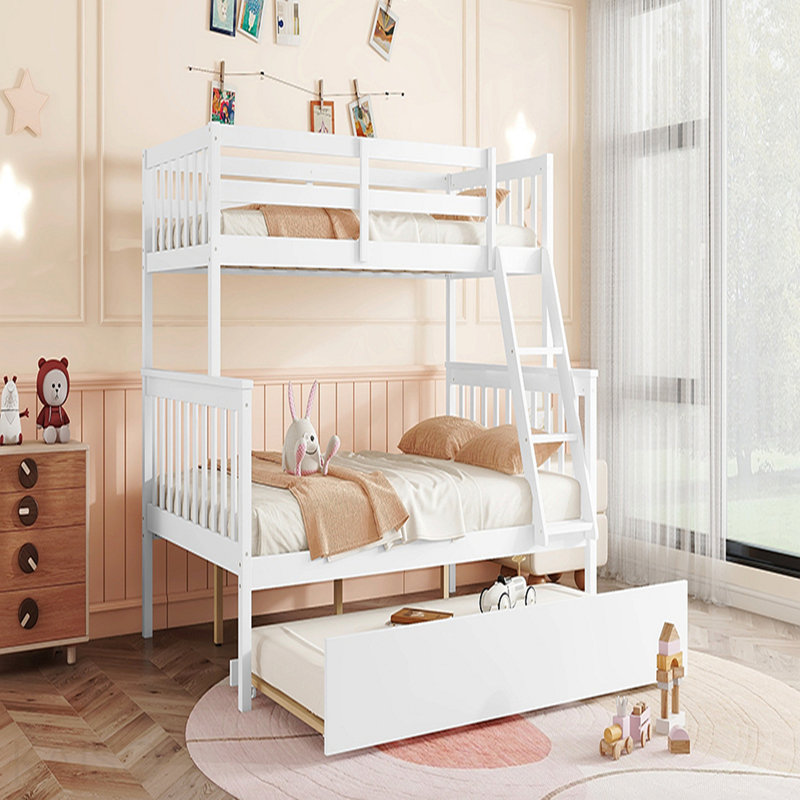 Lit simple superposé en bois d'hévéa simple avec lit gigogne, échelle convertible et garde-corps, lit convertible détachable, avec lit gigogne simple, blanc