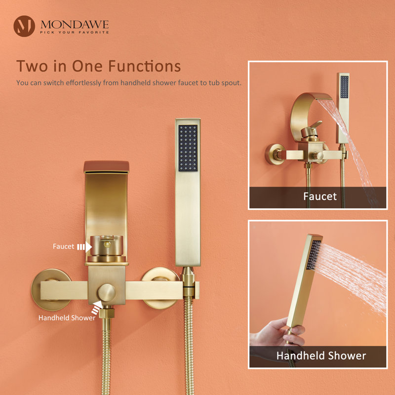 Herathena Wall Mounted Waterfall Tub Spout with Diverter and Handshower, Brushed Gold