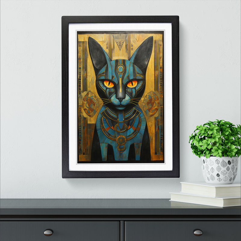 XYZ-FRM-V1223-596 Egyptian Cat Art Deco - Single Picture Frame Print on Wood, 46cm H x 34cm W x 2cm D, Black