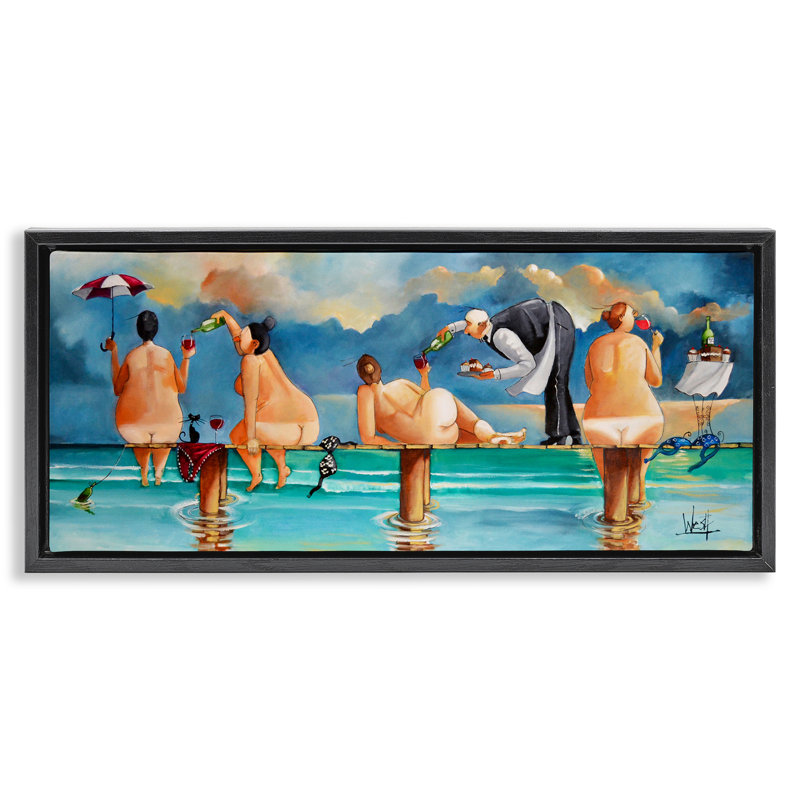 Dames nues s'amusant à la plage, Cadre flottant noir de jais, H 14 po x l 31 po