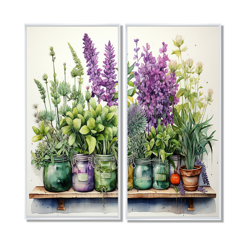 Mauve, vert, herbes, herbes, havre de paix - ensemble de 2 impressions sur toile, H 20 po x l 24 po, Blanc