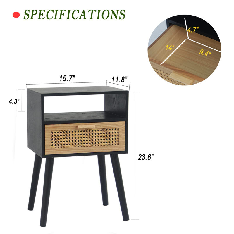 Mid Century Modern Nightstand - Small Bedside Table With Rattan Drawer - Wood End Table With Open Shelf For Small Spaces