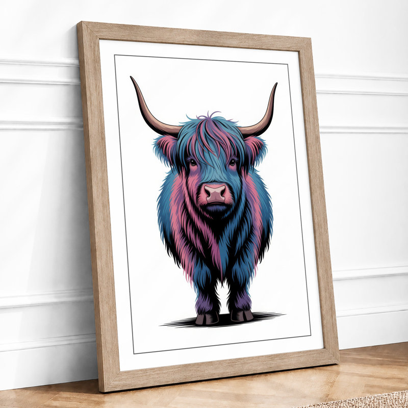 Highland Bull Portrait Modern - Framed Print, A4 - 29.7 x 21.0 cm, Oak