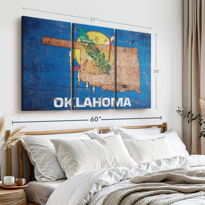 " State Map Over Oklahoma Flag " 3 - Pieces, 36" H x 57" W x 1.25" D