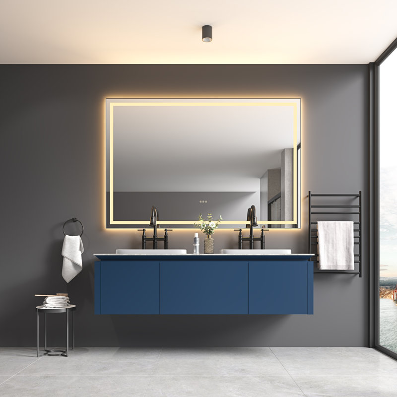 Miroir de salle de bain mural 84 po x 48 po en aluminium, verre DEL, encadré, 1 pièce