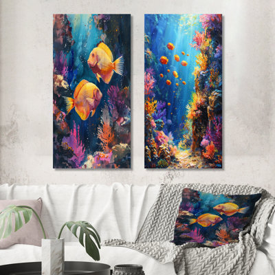 Blue Orange Coral Marine Life I – Scenic Metal Wall Art Print Set of 2