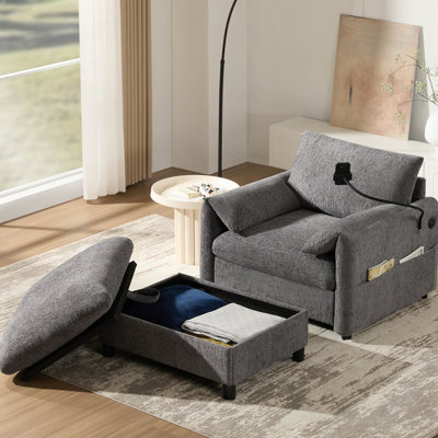 38-Inch Single Sofa With Storage Ottoman, Adjustable Phone Holder, USB Charger, Side Pockets, And Pillow-Like Armrests For Modern Living Rooms And Apartments