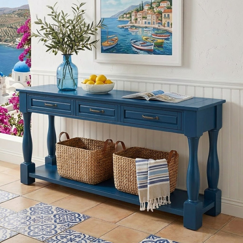Console en bois avec 3 tiroirs et 3 tablettes inférieures pour canapé d'entrée très épais, Marine, Marine