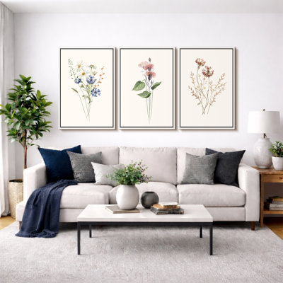 Minimal Botanical "Pastel Wild Flower Daisy Variety Artwork, Simple Neutral Floral Decor Wall Pictures, Framed Canvas Giclée Print 3 Pieces Wall Art" 16"x24"x3 pcs, 24"x36"x3 pcs