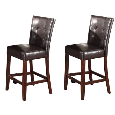 2 tabourets à hauteur de comptoir en cuir - pieds à finition bouton et noyer pour salle à manger de 2 avec salle à manger avec bouton - noyer