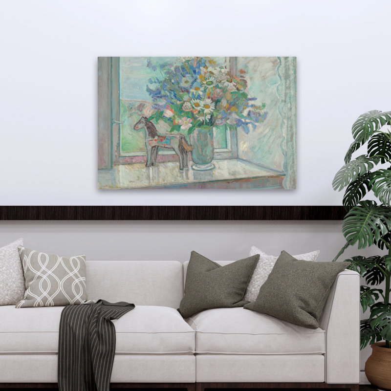 Bouquet de fleurs et de chevaux par fenêtre contemporaine Oluf Woldtorne, H 48 po x l 32 po