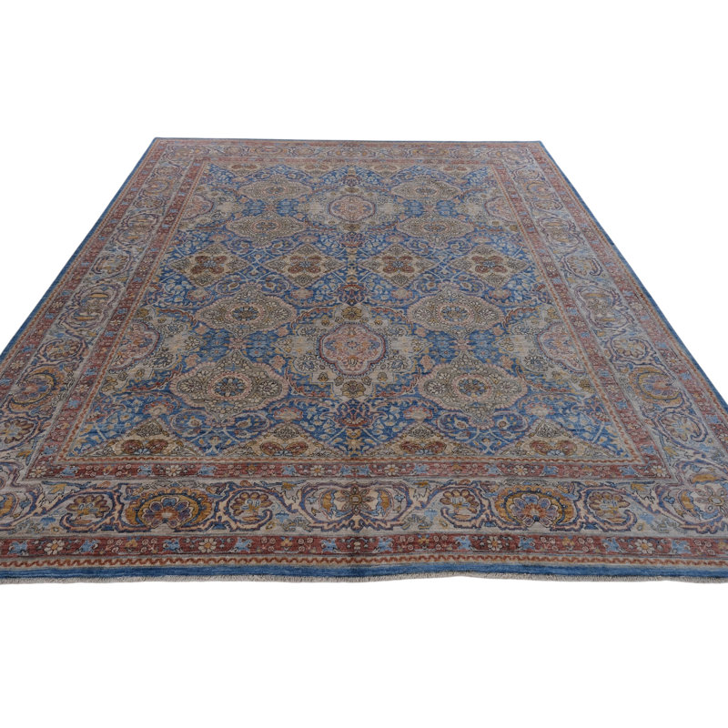 Hand Knotted Wool Area Rug in Blue And Beige