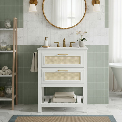 24" Freestanding Bathroom Vanity With Integrated Ceramic Sink, Modern Cabinet With Woven Rattan Front And Solid Wood Feet
