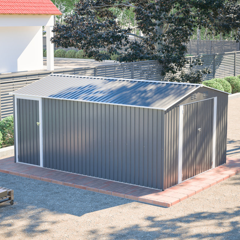 Remise de rangement extérieure en métal 10 pi x 14 pi avec portes verrouillables, imperméable, 4 évents