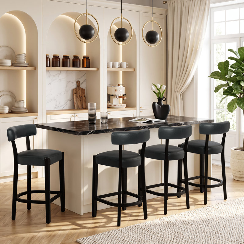 Tabouret de bar 26 po Mid-Century, Similicuir noir / cadre noir, 4