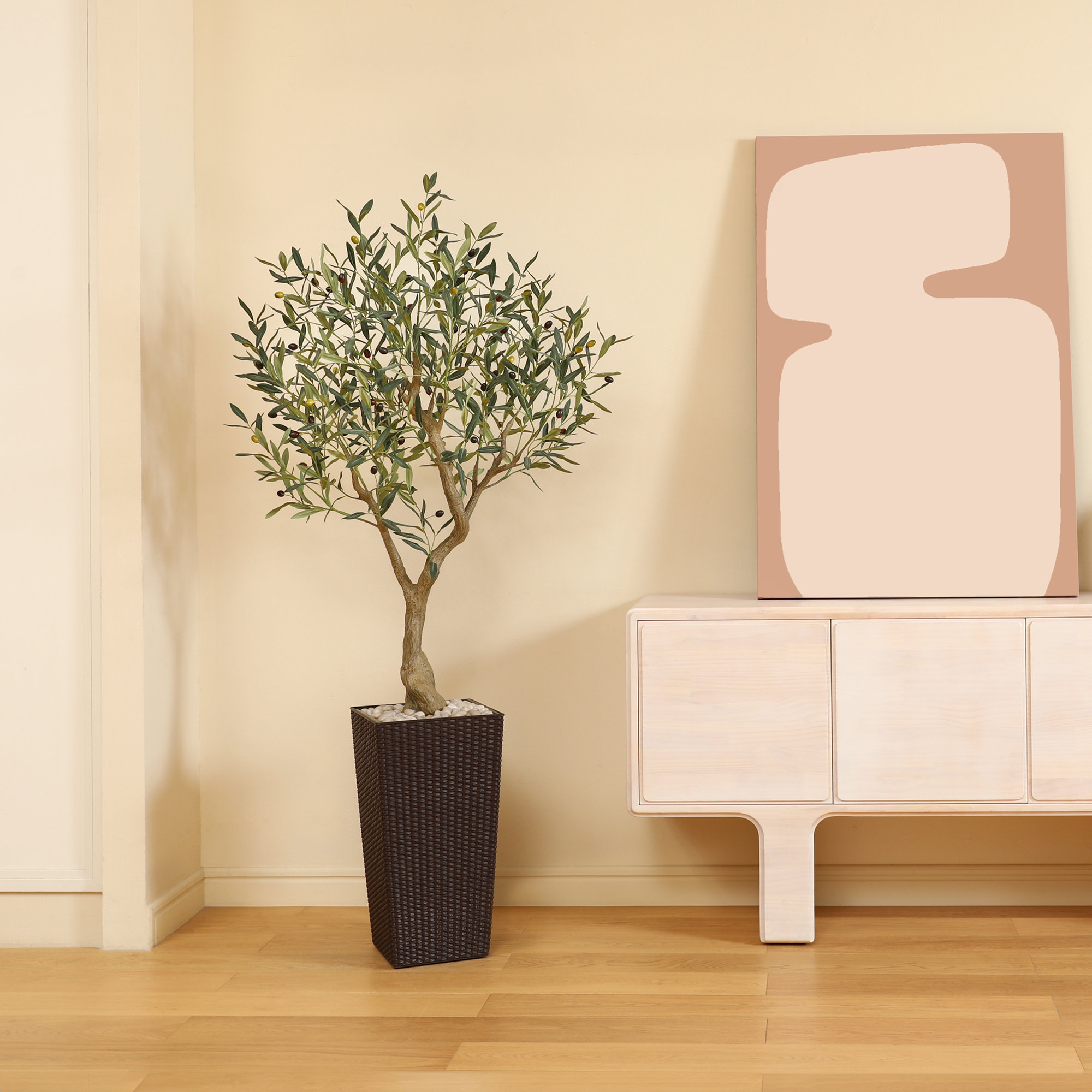 Adcock Artificial Olive Tree UV Resistant with Tall Planter, Faux Olive Tree for Outdoor Decor, 72" H x 24" W x 24" D, Brown