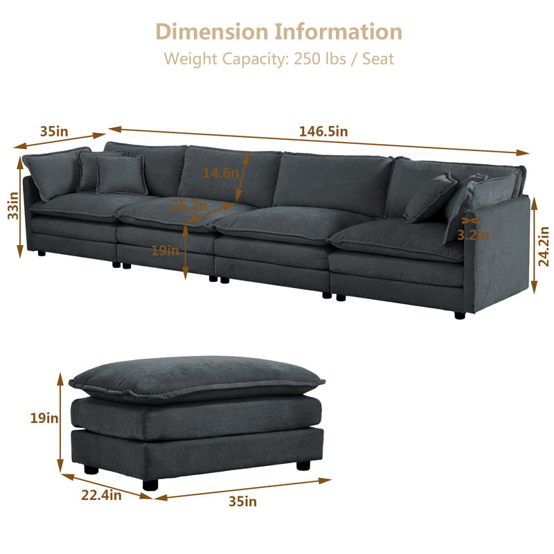 Living Room U-Shaped Chenille Modular Combination Sofa, 33" H x 111" W x 35" D, Gray Chenille