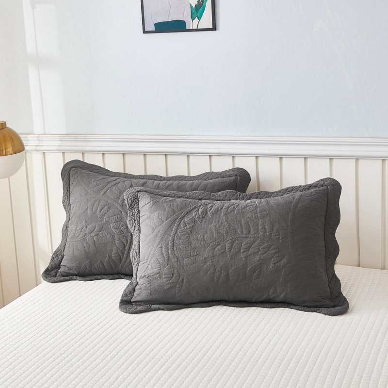 Heather Grey Embroidered Cotton Standard Pillow Sham Set