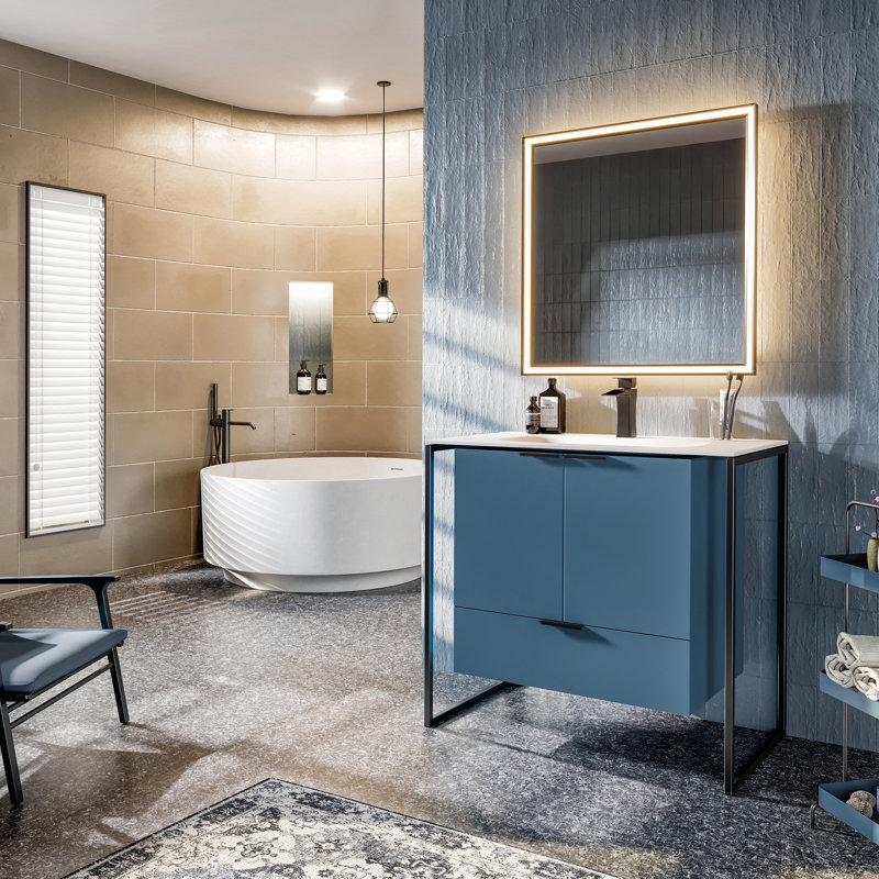 Mendiola 34 In. Wall Mount Single Sink Bath Vanity With Solid Surface Top And Integrated Sink, Blue