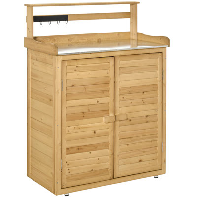 Garden Potting Bench Table Wooden Workstation Shed With Tabletop, Hooks, 3-Tier Shelves Cabinet And 2 Magnetic Close Doors