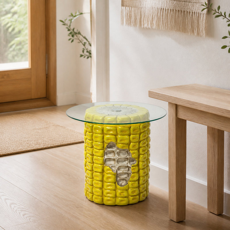 Corn Cob with Glass Top Resin Accent Side Table, 12.99 x 16.93 Inches, Yellow