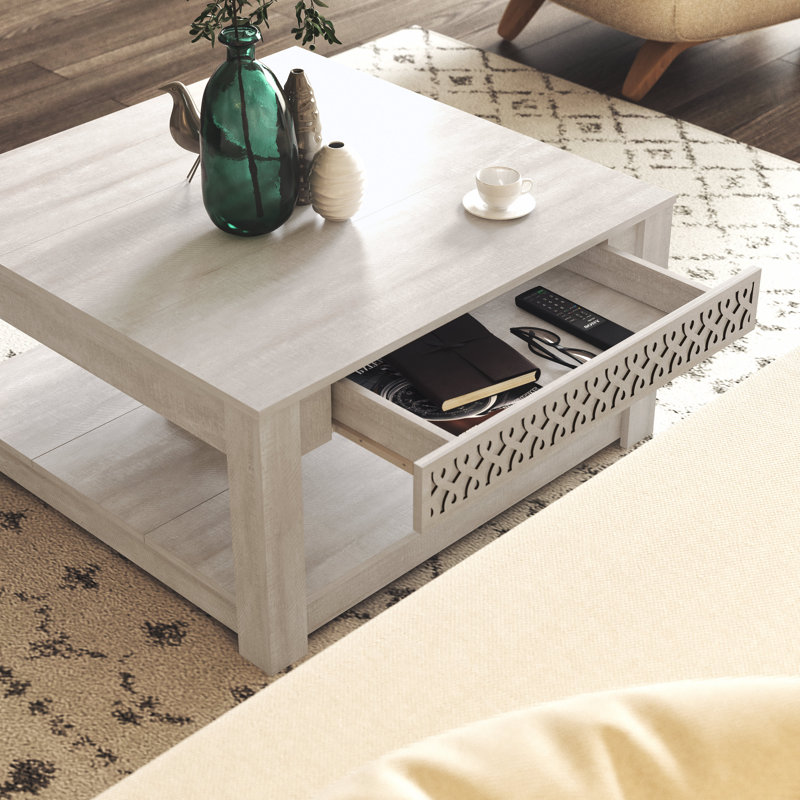Brandarius 31.5" Rustic Cutout Drawer Square Coffee Table with Storage, Dusty Gray Oak