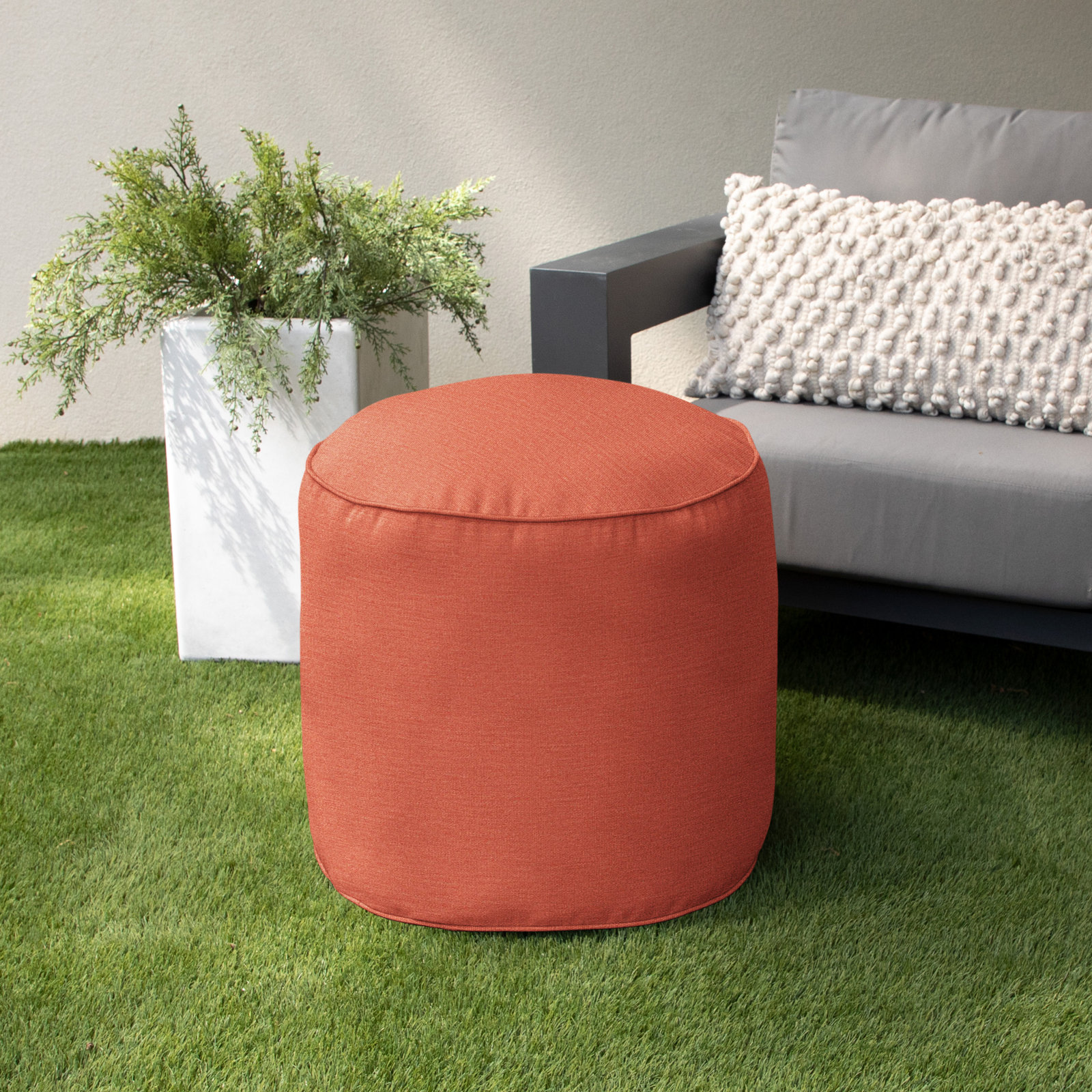 Demi Round Upholstered Outdoor Ottoman with Sunbrella® Cushion, Canvas Persimmon Sunbrella® Canvas