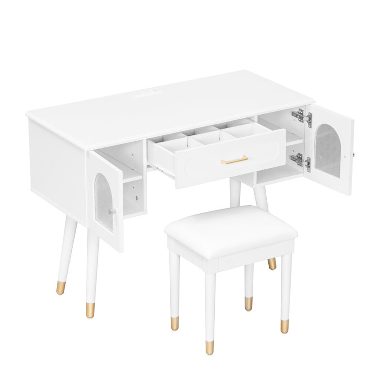 Vanity Makeup Table Chair Set, Modern Dressing Desk, Organizer, Charging Port, White