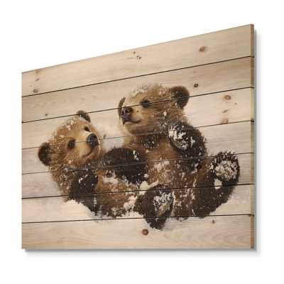 Bear Cubs Playing In The Snow - Bear Wood Wall Decor - On Natural Pine Wood