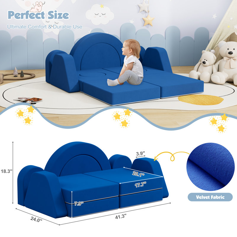 Velvet Modular Kids Play Couch, Kids Toddler Couch, Sectional Sofa, Blue