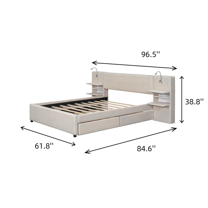 Grand lit plateforme tapissier avec lumières de lecture, tiroirs, lit escamotable et tablettes