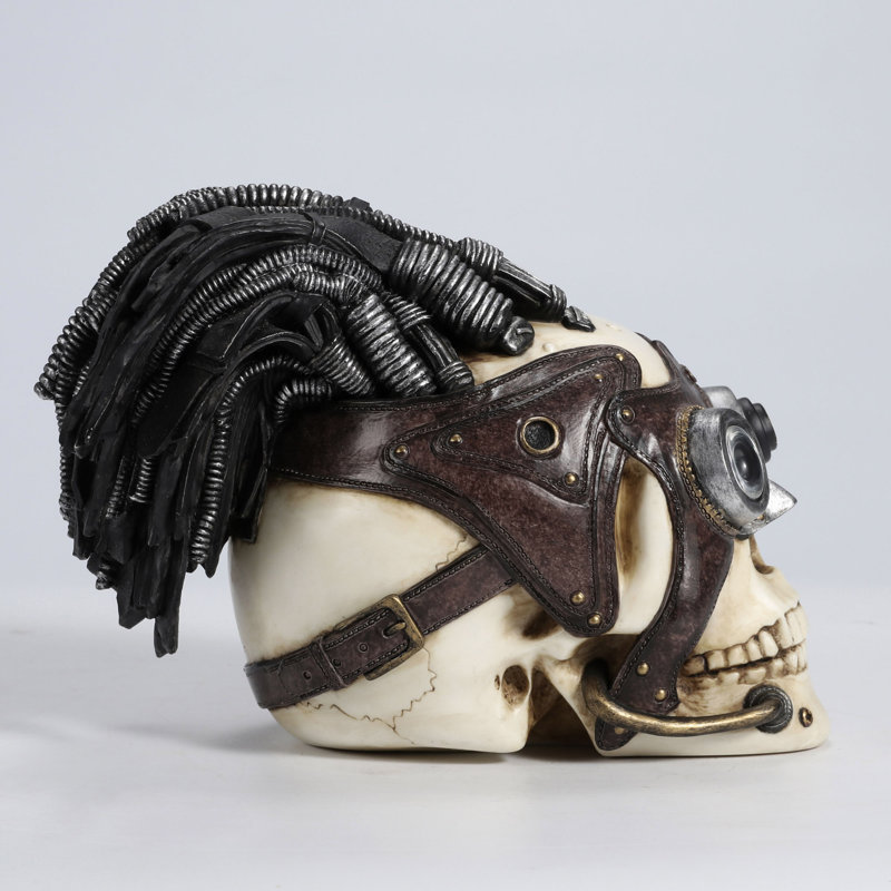 Crâne Steampunk de 7,87 po avec des poils en fil de fer et des lunettes en cuir, résine de polyester