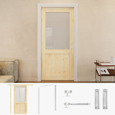 Porte en bois de pin massif 36 po x 80 po avec porte coulissante en verre givré avec quincaillerie argentée et cadre de porte blanc
