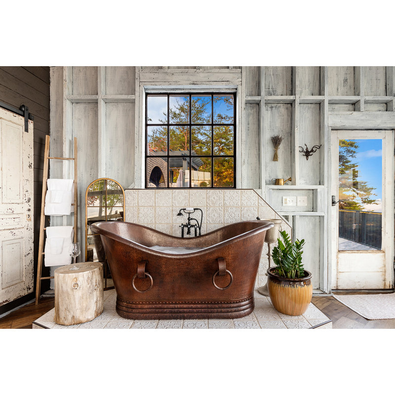 67" Hammered Copper Double Slipper Bathtub With Rings, Glazed Black