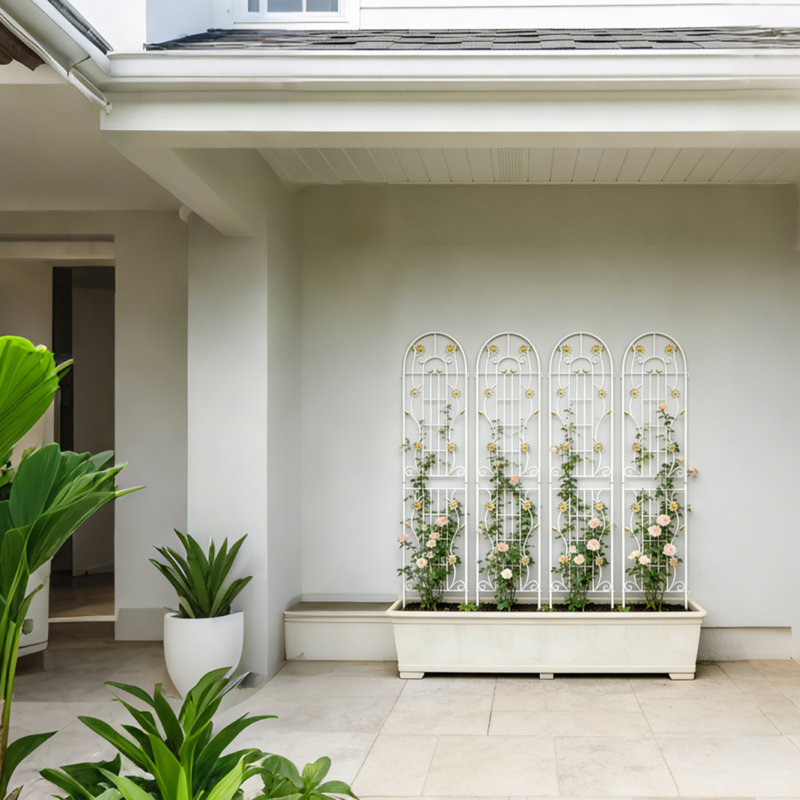 Ensemble de 4 plantes d'extérieur en métal résistantes à la rouille pour jardin et treillis blanc, Blanc, crème