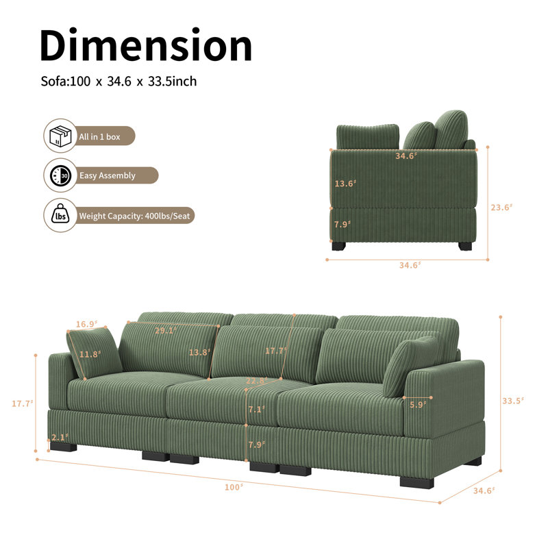 Perola Corduroy Sofa, Perola Green Corduroy, 33.5" H x 100" W x 34.6" D, 3