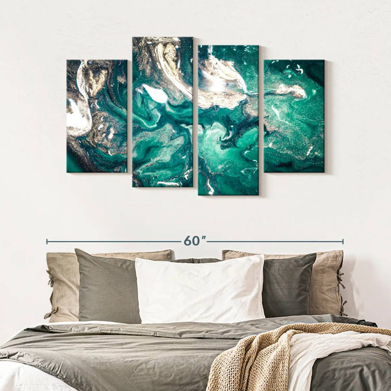 Abstract Abstract Teal On Canvas 4 Pieces Set, 32" H x 52" W x 1.25" D