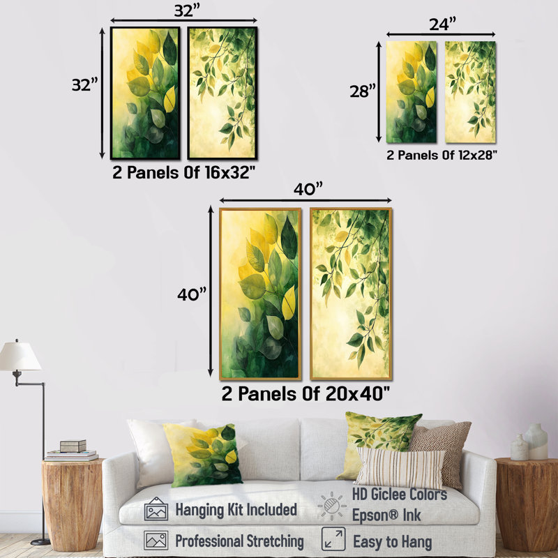Feuillage vert et jaune, collage de feuilles I - art mural floral 2 panneaux, H 28 po x l 25 po, Cadre flottant brun