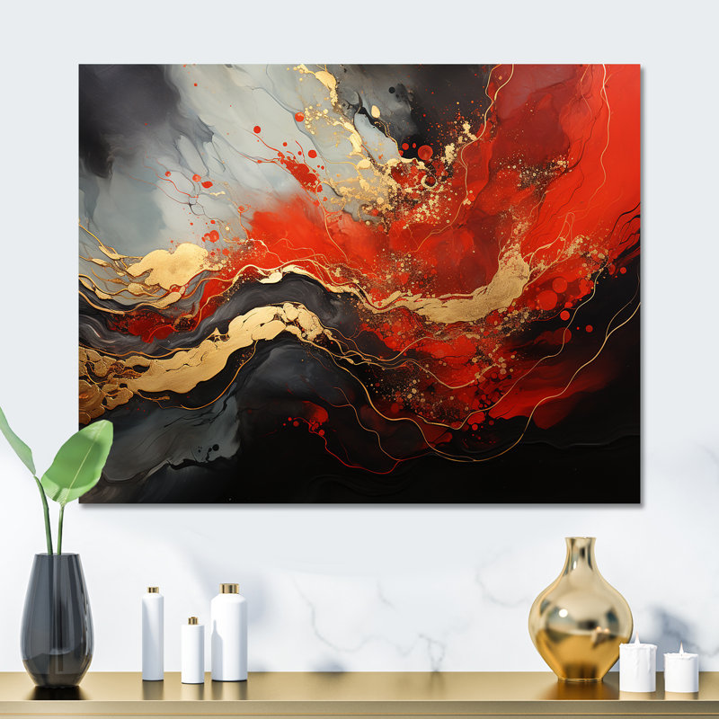 Rouge et or feu de marbre I - art mural abstrait en métal MT137134, H 34 po x l 44 po x P 1,5 po
