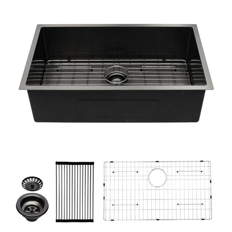 16 Gauge Stainless Steel Sink, 33" Gunmetal Black, R10 Rounded Corner For Black Kitchen 16G Stainless, To Stains