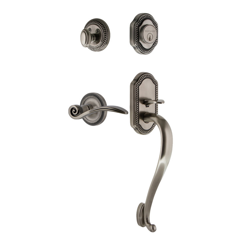 Nostalgic Warehouse Rope Rosette S Grip Handleset with Single Cylinder Deadbolt and Swan Lever, Antique Pewter, Right, 2 3/8"