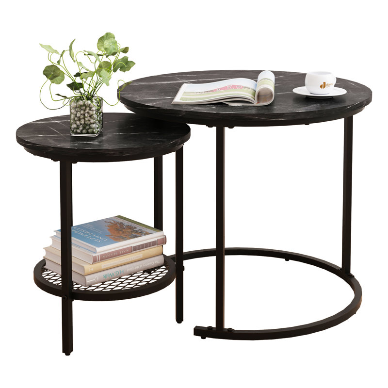 2-Piece Round Nesting Coffee Tables Set, Modern Black Top Stackable Side Tables for Living Room, Balcony, and Small Spaces (Set of 2)