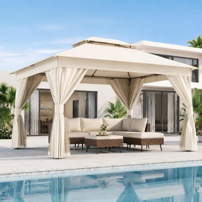 Heavy Duty Metal Frame Gazebo Canopy with Double Roof, Water-Resistant Polyester Fabric, Mosquito Netting & Privacy Curtains for Backyard, Patio, Garden