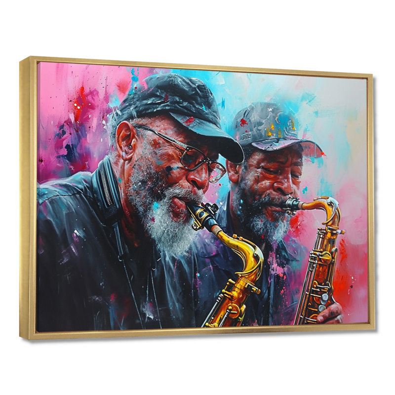 «All That Jazz Two Saxophone joueurs» rétro - musicien mural art salon, Toile avec cadre flottant or