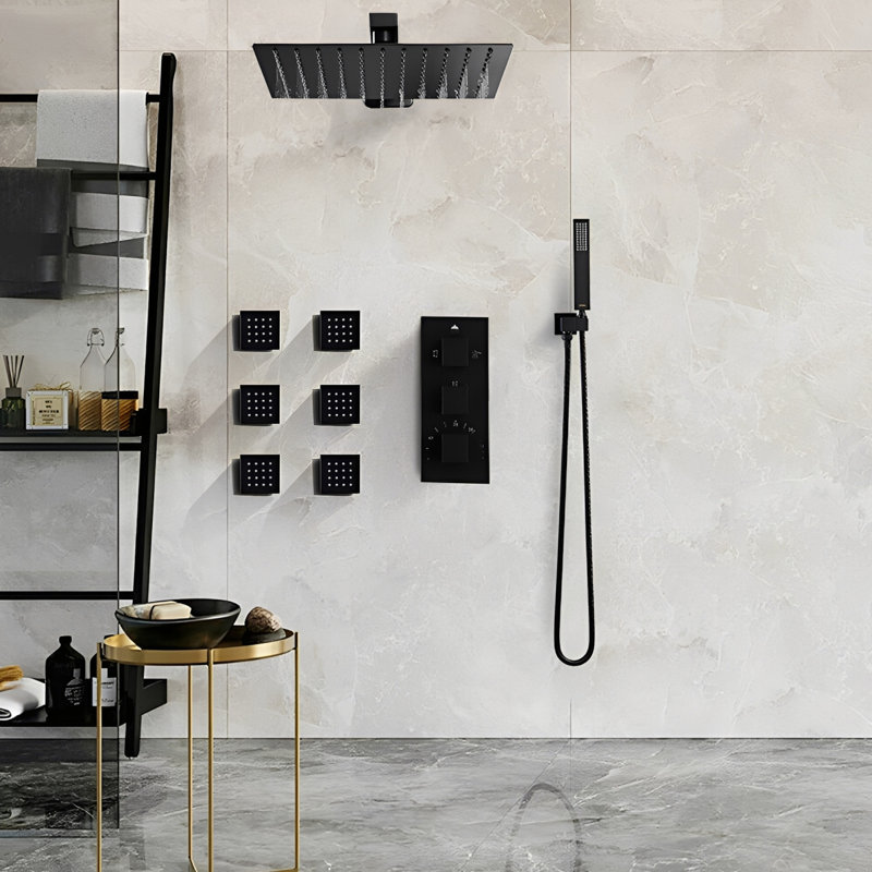 Black Spa 12" Square Rain head- Thermostatic Pressure balance 3 way function shower set