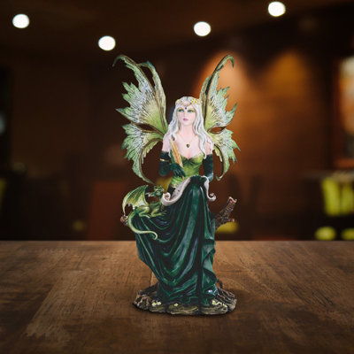 17.5"H Reading Fairy and Green Baby Dragon Figurine