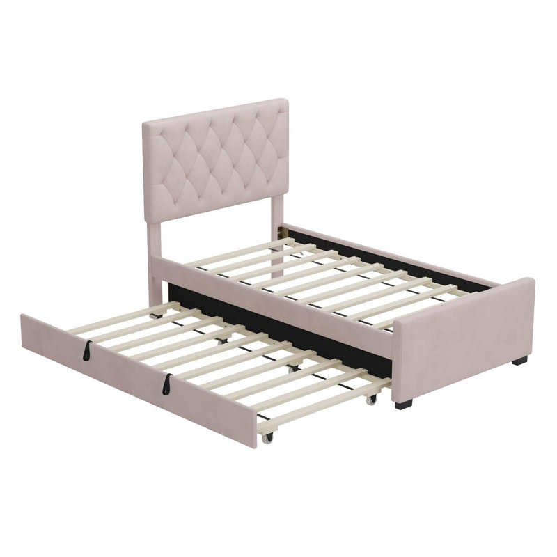 Lit plateforme tapissier avec lit gigogne, Rose