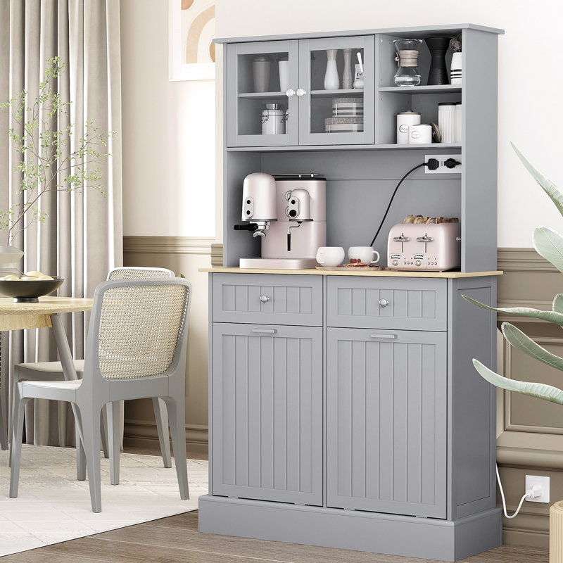 68" Gray Kitchen Pantry Storage Cabinet With Electrical Charging. Freestanding Glass Doors & Adjustable Shelf. For Various Spaces. 2 Tilt Out Trash Cabinets. Built-in Ac Outlets And Ports. Spacious