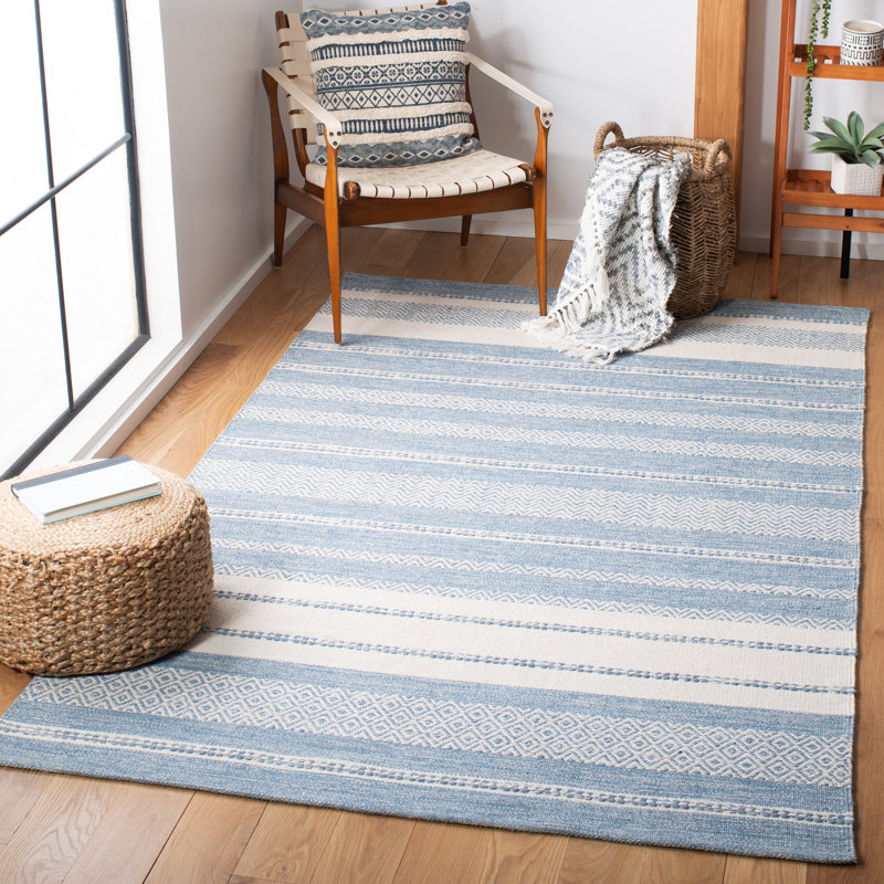 Addilynn Striped Hand-Woven Flatweave Cotton Blue/Cream Area Rug, Rectangle 4' x 6'